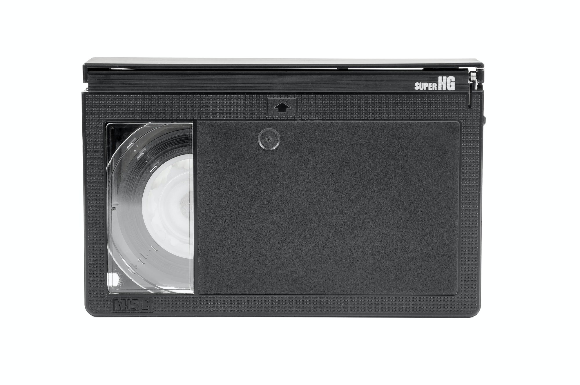 VHS-C video cassette digitisation on white background VHS-C video cassette for conversion on white background