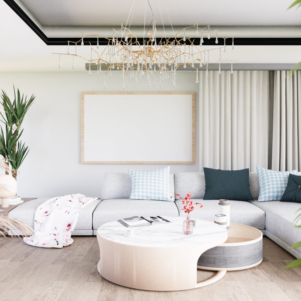 3D illustration Mockup photo frame in living room rendering